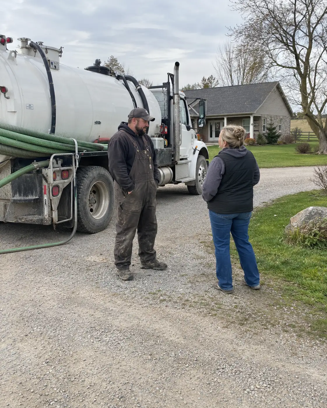 Septic services in Guelph: technician and septic truck at a rural home