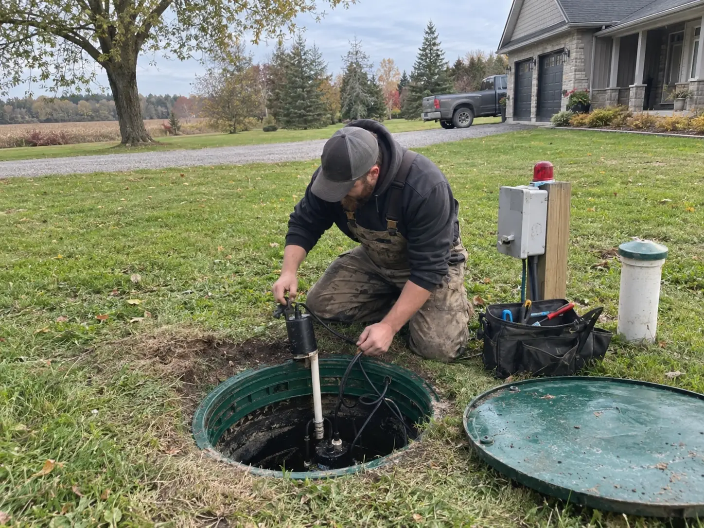 Technician repairing a septic pump and alarm