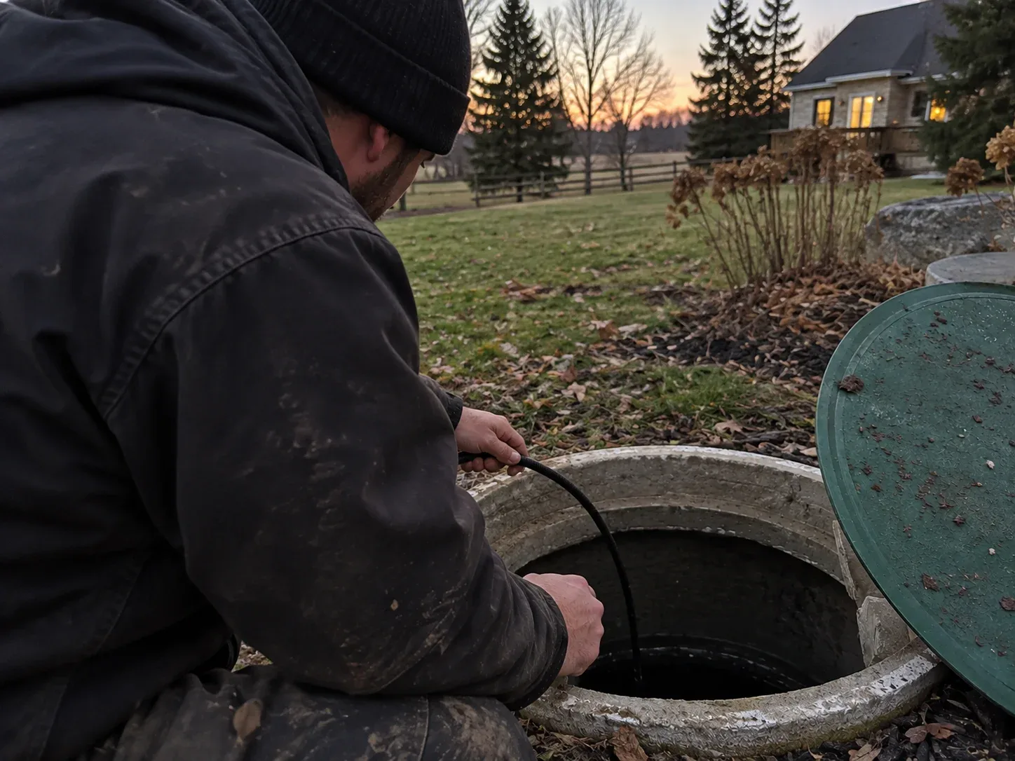 Septic inspection with a technician recording findings